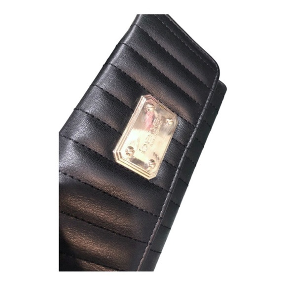 BEBE black rowan quilted tassel gold plated trifold wallet purse clutch wristlet - Picture 6 of 9